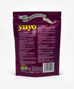 pacote de yuyo chá para infusão por tras em fundo cinza claro. Em escrito especificações técnicas ilegiveis.