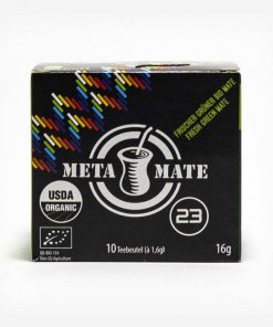 Caixinha de Chá Mate Meta Mate 23. Caixinha preta com detalhes coloridos. Em escrito: Meta Mate 23 com 10 sachês. 16 gramas de erva-mate.