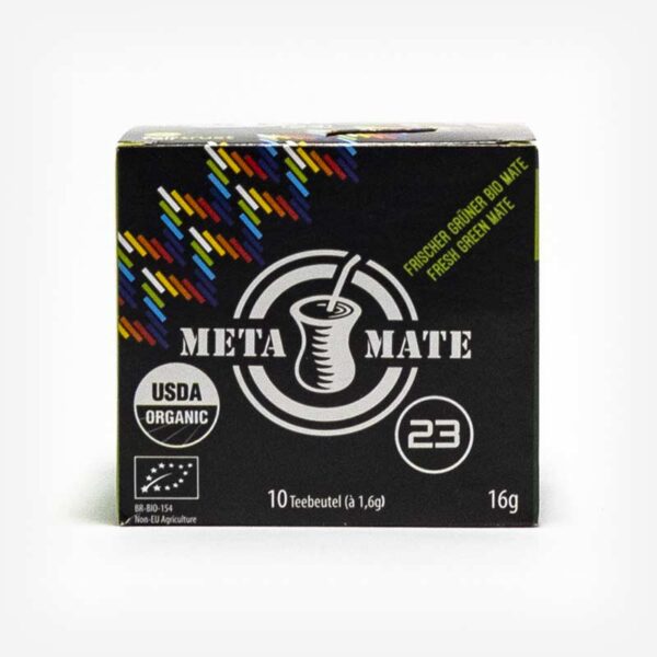 Caixinha de Chá Mate Meta Mate 23. Caixinha preta com detalhes coloridos. Em escrito: Meta Mate 23 com 10 sachês. 16 gramas de erva-mate.