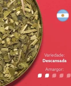 Erva-mate argentina em fundo rosa com símbolo da bandeira argentina no canto superior ditreito. Com os dizeres: Variedade - Descansada. Amargor nível 2 de 5.