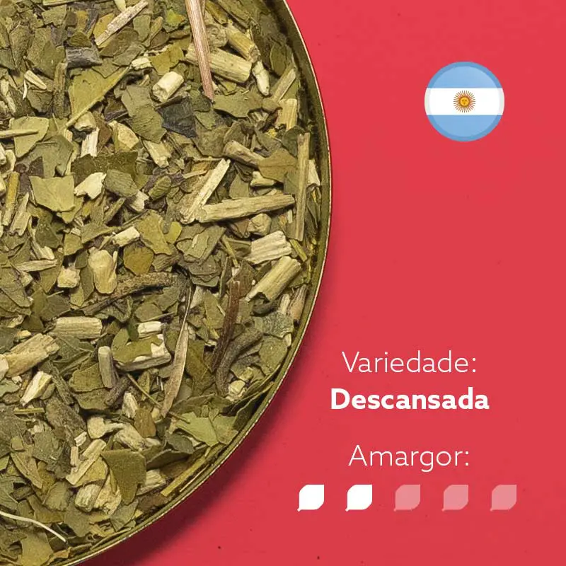 Erva-mate argentina em fundo rosa com símbolo da bandeira argentina no canto superior ditreito. Com os dizeres: Variedade - Descansada. Amargor nível 2 de 5.