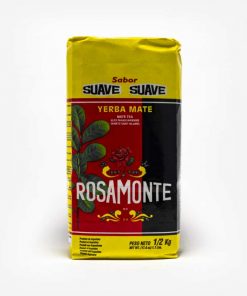 Pacote de Rosamonte 500 gramas amarelo com centro vermelho e preto de frente. Em destaque escrito sabor suave.