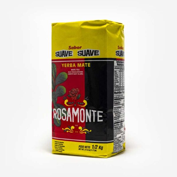 Pacote de Rosamonte amarelo com centro vermelho e preto de frente em 45º. Em destaque escrito sabor suave.