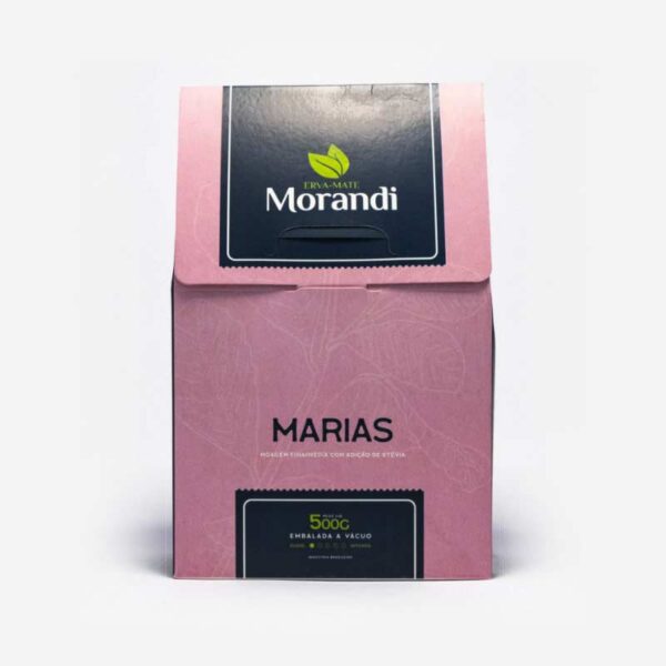 Pacote de Erva-mate Marias na cor rosa 500 gramas, com detalhes quadrados em azul escuro e nome da erva-mate Morandi em branco. Em cima duas folhas verdes de erva-mate. Pacote de 500 gramas.