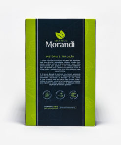Pacote Morandi de Costas. Faixa azul escura no centro, caixa em verde claro. Em escrito: Erva-mate Morandi, História e tradição. Produção sustentável.