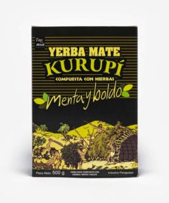 Erva-mate Kurupi Menta e Boldo. Pacote Preto com detalhes em verde claro e amarelo. Em escrito: Yerba Mate Kurupí composta com ervas. Menta e Boldo. 500 gramas.