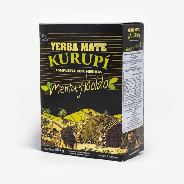 Erva-mate Kurupi Menta e Boldo. Pacote Preto com detalhes em verde claro e amarelo. Em escrito: Yerba Mate Kurupí composta com ervas. Menta e Boldo. 500 gramas.