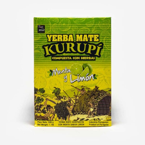 Yerba Mate Kurupi Composta em fundo cinza claro. Pacote verde e amarelo. Imagens de indios em trabalhos manuais ilustrados. Em escrito: Yerba Mate Kurupí composta com menta e limão.
