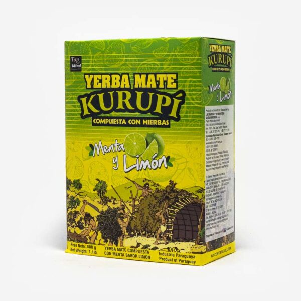 Yerba Mate Kurupi Composta em fundo cinza claro. Pacote verde e amarelo. Imagens de indios em trabalhos manuais ilustrados. Em escrito: Yerba Mate Kurupí composta com menta e limão.