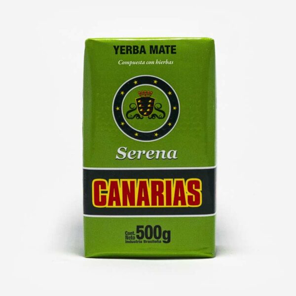 Erva-mate Canárias de 500 gramas. Pacote verde. Em escrito: Yerba Mate - Composta com ervas. Canarias Serena.
