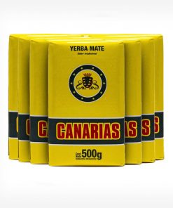 Pacotes de erva-mate Canárias em fundo cinza claro. Pacote amarelo com logo centro superior. Em escrito: Erva-mate Canárias 500 gramas.