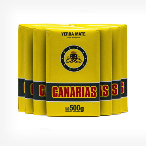 Pacotes de erva-mate Canárias em fundo cinza claro. Pacote amarelo com logo centro superior. Em escrito: Erva-mate Canárias 500 gramas.