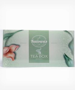 Caixa de Tea Box Kaiowas em fundo cinza claro. Caixinha verde pastel clara, com ilustrações e texturas. Em escrito: Kaiowas tea box.
