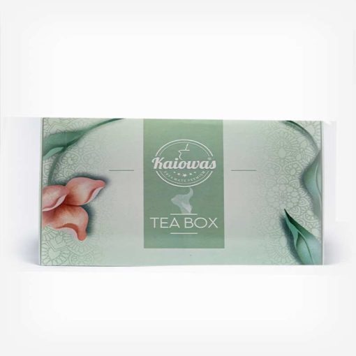 Caixa de Tea Box Kaiowas em fundo cinza claro. Caixinha verde pastel clara, com ilustrações e texturas. Em escrito: Kaiowas tea box.