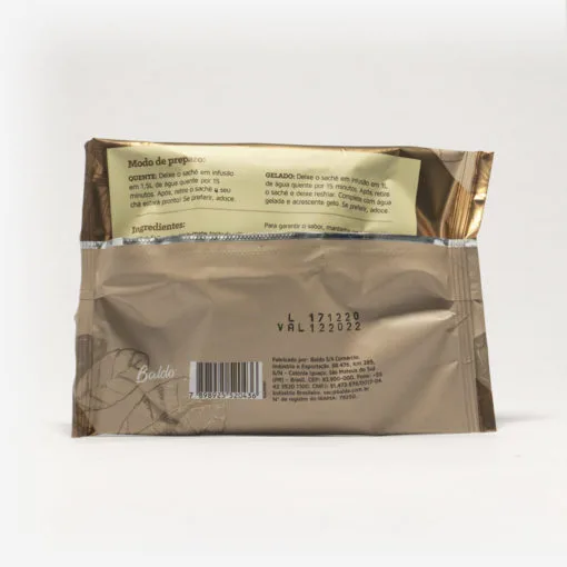 Pacote de chá mate magna em fundo cinza claro de costas. Pacote com tons de marrom. Modo de preparo disponível na descrição do produto.