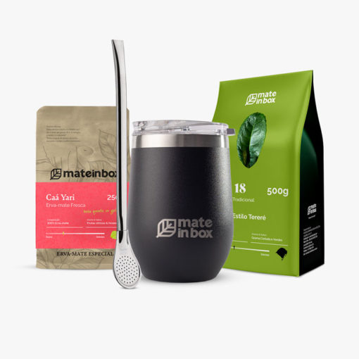 Kit Terere em fundo branco. Na imagem: Blend de Erva-mate Mate in Box, Cuia Mate in Box Chaco, Bomba de Inox 19cm e erva-mate de tereré.