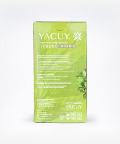 Erva-mate terere yacuy premium organica em fundo branco. Caixa na cor verde com detalhes em amarelo. Escrito: Yacuy Orgânica 500 gramas.