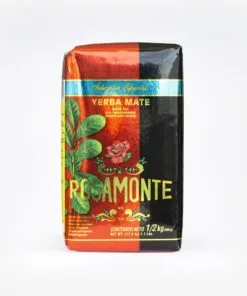 Erva-mate Roosamonte Seleção Especial em fundo branco. Erva-mate descansada argentina importada. Produto 500 gramas. Pacote metade vermelho e metade preto, com fontes douradas.