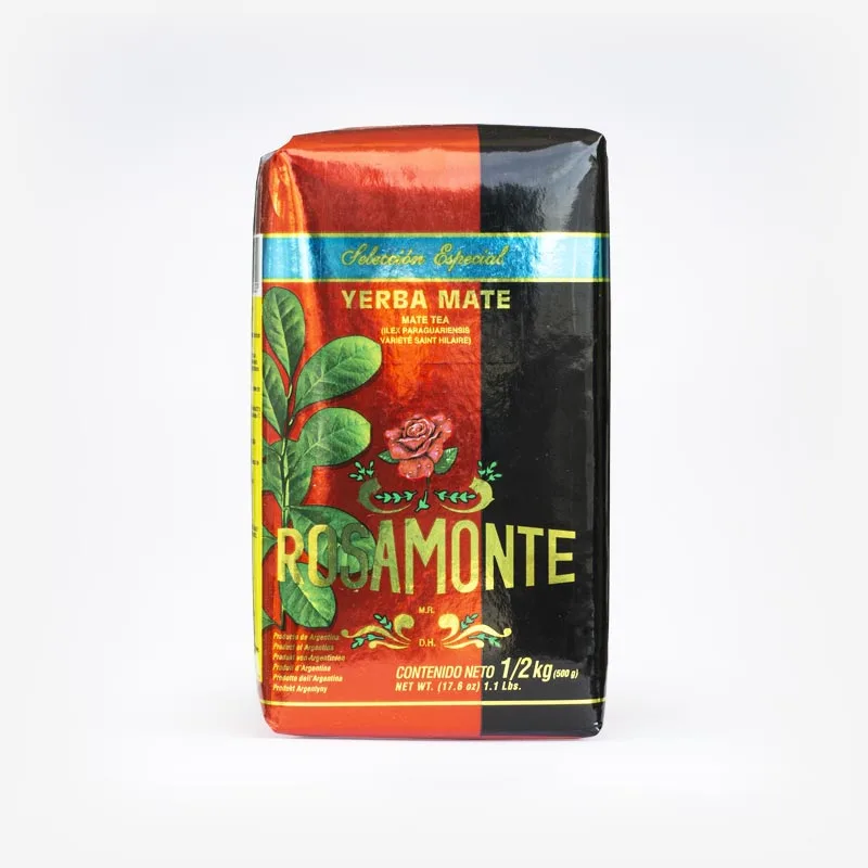 Erva-mate Roosamonte Seleção Especial em fundo branco. Erva-mate descansada argentina importada. Produto 500 gramas. Pacote metade vermelho e metade preto, com fontes douradas.