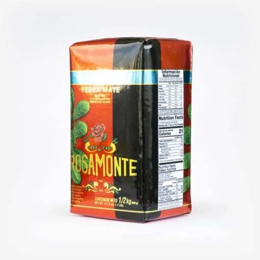 Erva-mate Roosamonte Seleção Especial em fundo branco. Erva-mate descansada argentina importada. Produto 500 gramas. Pacote metade vermelho e metade preto, com fontes douradas.