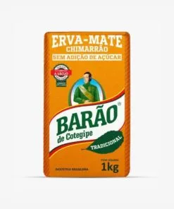 Erva-mate barão de cotegipe tradicional. Pacote laranja com detalhes em verde e letras brancas. Em escrito: Erva-mate chimarrão sem adição de açúcar. Tradicional 1 quilograma.