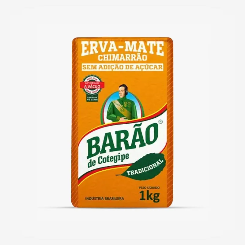 Erva-mate barão de cotegipe tradicional. Pacote laranja com detalhes em verde e letras brancas. Em escrito: Erva-mate chimarrão sem adição de açúcar. Tradicional 1 quilograma.