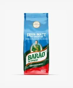 Erva-mate Argentina barão de cortegipe. Erva-mate pacote azul claro em fundo branco. Em escrito: Erva-mate tipo argentina sem adição de açúcar. Barão de Cotegipe tradicional. 500 gramas.