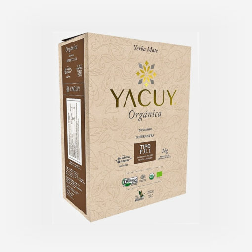 Pacote Yacuy tipo uruguaia em fundo branco com 1 quilograma orgânica. Pacote com letras douradas bordando o nome yacuy. Em escrito: Yacuy Orgánica tipo Uruguaia sem açúcar. 1 quilograma.