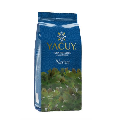Yacuy Nativa pacote azul em fundo branco. Erva-mate nativa moída fina para chimarrão.