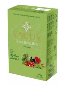 Pacote de yacuy com erva-mate verde, açaí e guaraná em fundo branco. Pacote de 500 gramas, erva-mate sem contato com a fumaça.