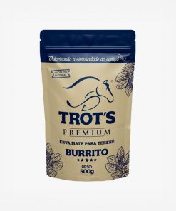 Erva-mate trots 500 gramas sabor Burrito em fundo branco. Em escrito: trots erva-mate para terere sabores. Burrito. Valorizando a simplicidade do campo. Produto natural.