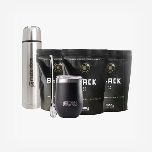 Kit Tereré Premium para presente na loja em fundo branco. Kit com Cuia Chaco, Bomba 3 ervas de tereré e 3 ervas black tereré com garrafa.