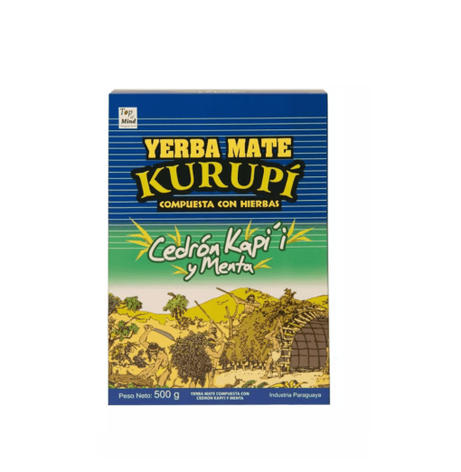 Pacote de Yerba Mate Kurupí composta por capim limão e menta. Pacote azul com detalhes em verde. Em escrito: Yerba Mate Kurupi Compuesta con hierbas. 500 gramas.