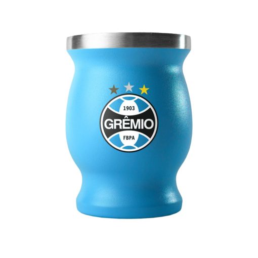 Cuia Térmica Inox do Grêmio em fundo branco - Cuia Imortal azul com logo do Grêmio ao centro