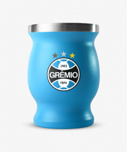 Cuia Térmica Inox do Grêmio em fundo branco - Cuia Imortal azul com logo do Grêmio ao centro