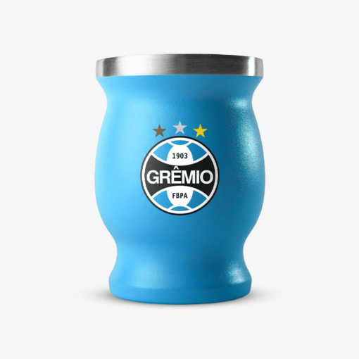 Cuia Térmica Inox do Grêmio em fundo branco - Cuia Imortal azul com logo do Grêmio ao centro